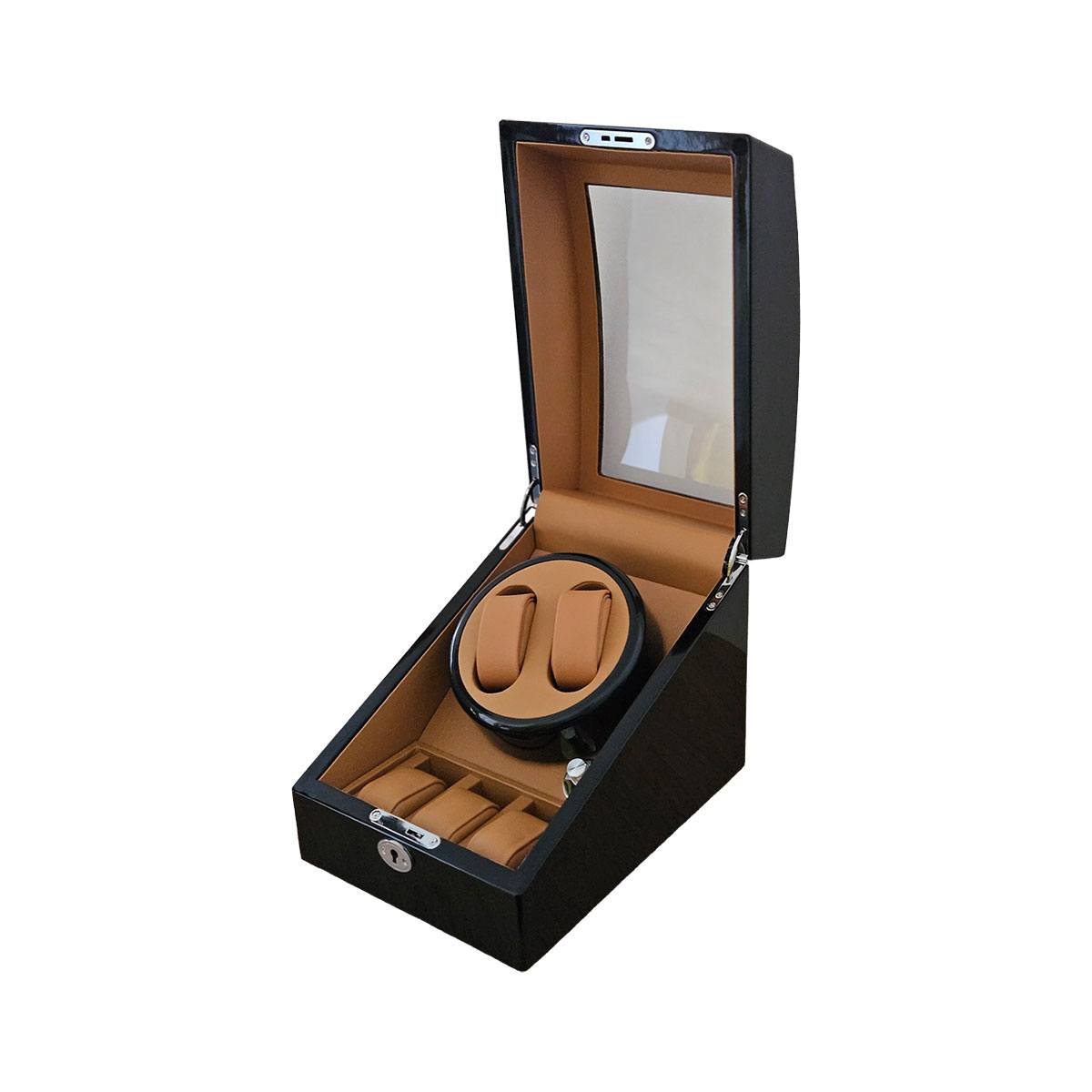 снимка на часовник Луксозна кутия за 5 часовника с Watch Winder в черен и кафяв цвят